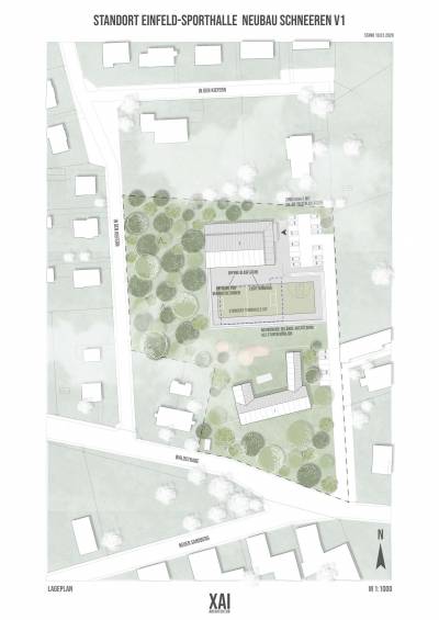 Lageplan der neuen 1-Feld-Sporthalle auf dem jetzigen Kleinspielfeld.